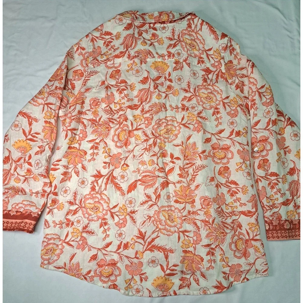 Rachel Zoe Floral Flax Linen Boho Button-Down XL Sustainable Resort Wear Coastal - Picture 6 of 7
